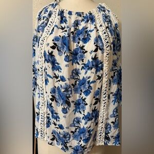 Studio West Blue and White Floral Top with Embroidered White Criss Cross Design